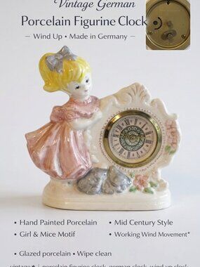 Vintage German Porcelain Figurine Clock Wind Up Girl Cat Made in Germany